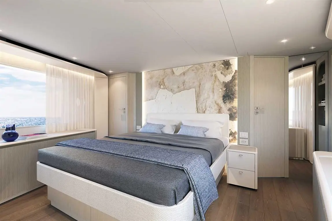 Modern bedroom featuring a double bed with grey bedding, a window with sheer curtains, and contemporary wooden decor.